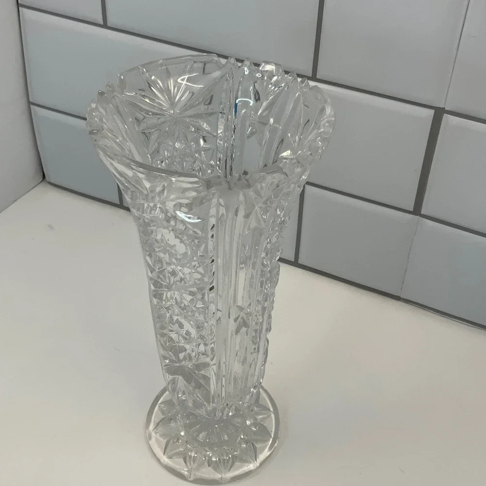 Vintage Cut Crystal Glass Footed Trumpet Vase Starburst Scalloped Rim 8 Inch
